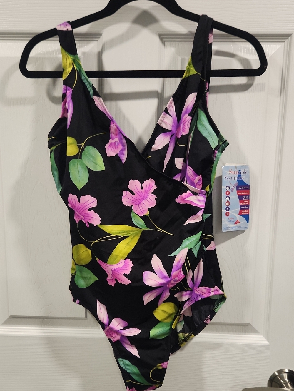 Floral Black One-Piece Swimsuit with Pink & Green Print